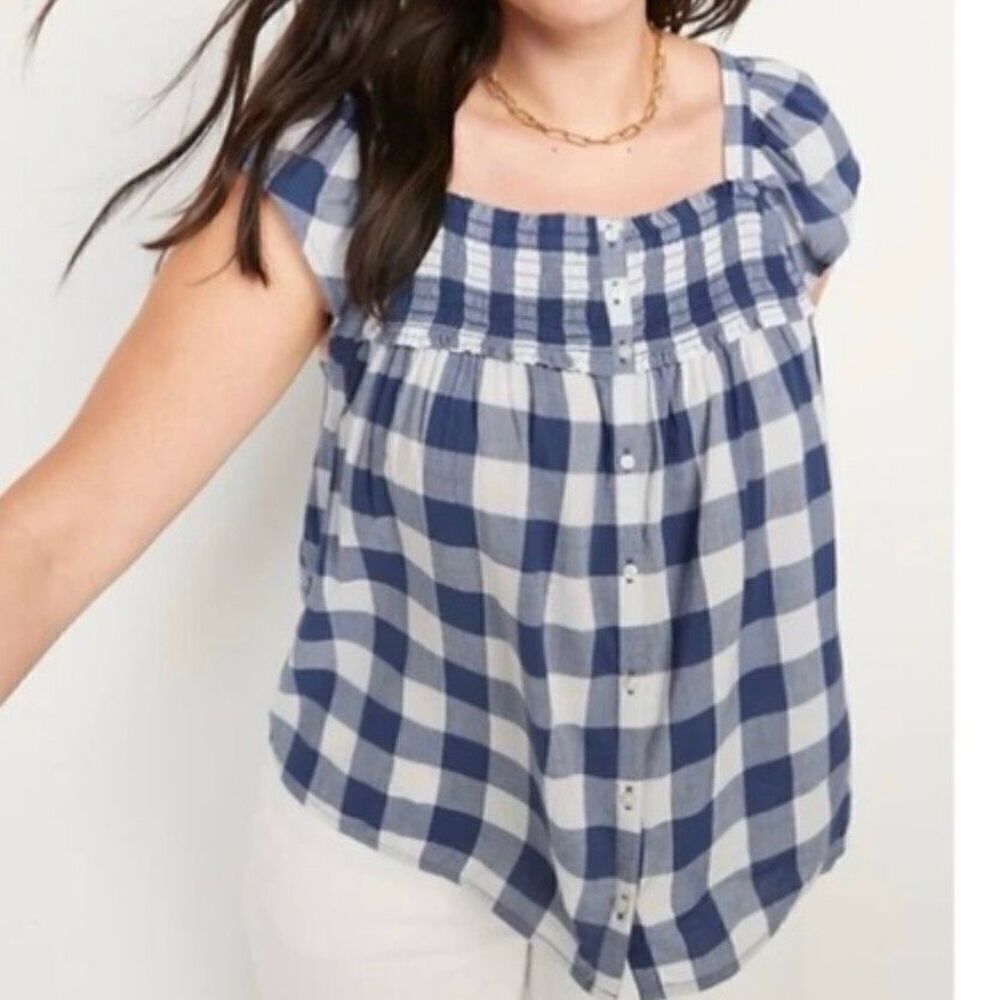 Old Navy gingham plaid smocked ruffle blouse small